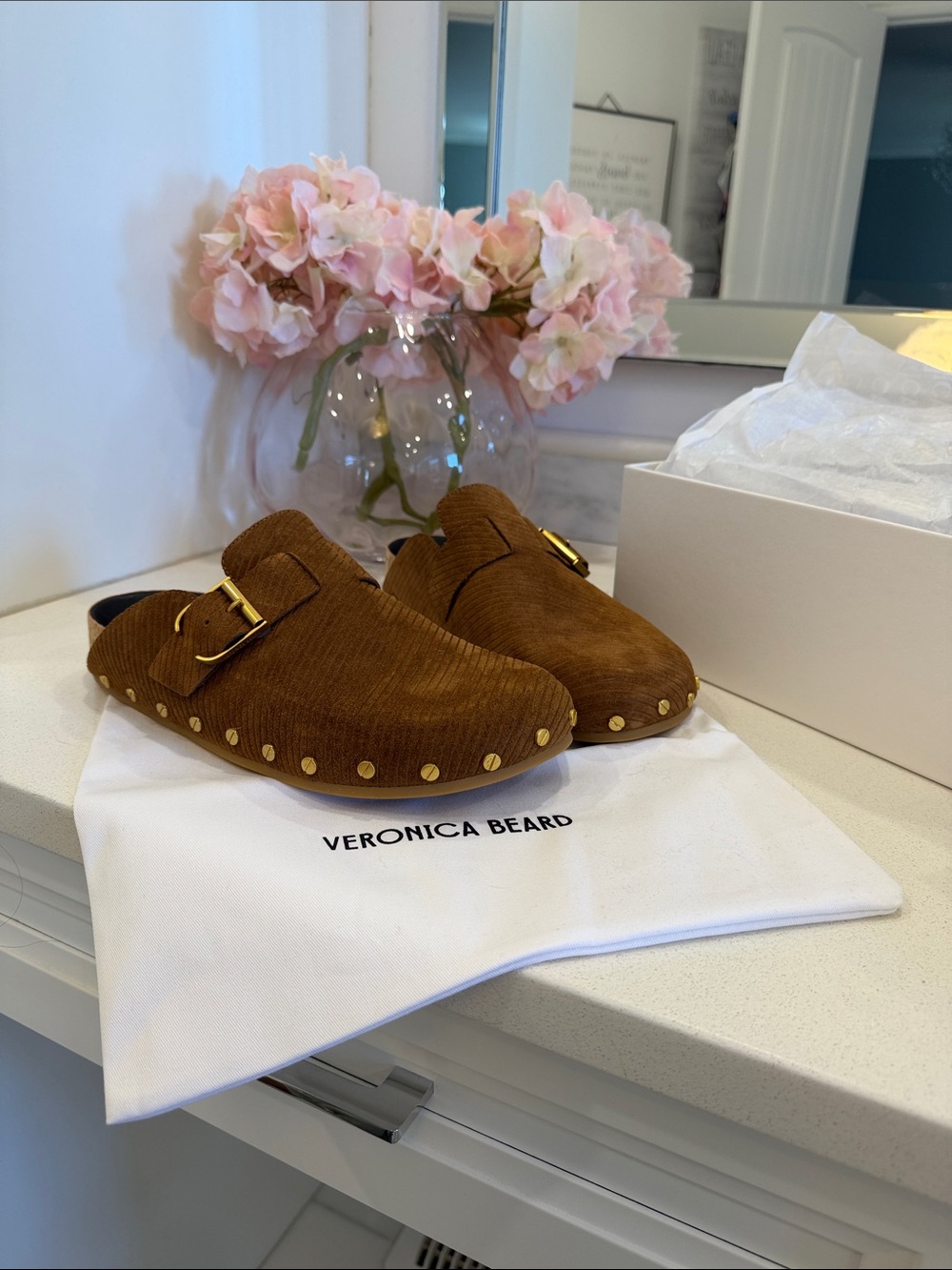 Veronica Beard Kids Brown Corduroy Mule with Gold Stud Details